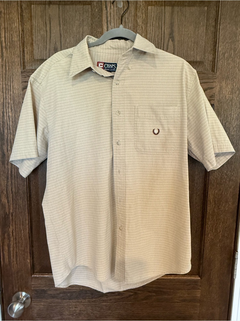 Vintage Chaps Ralph Lauren Short Sleeve Beige Micro Check Shirt Horseshoe Medium